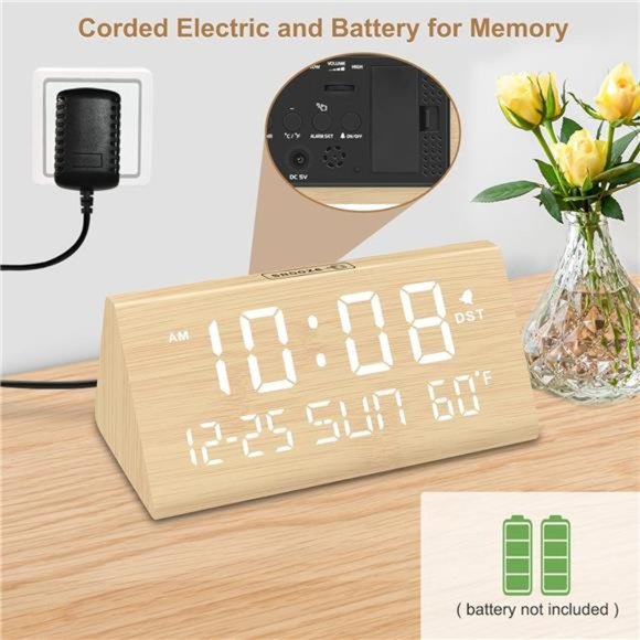 Digital Alarm Clocks for Bedrooms - Wooden Electric Clock with USB Ports, Date - Picture 4 of 6